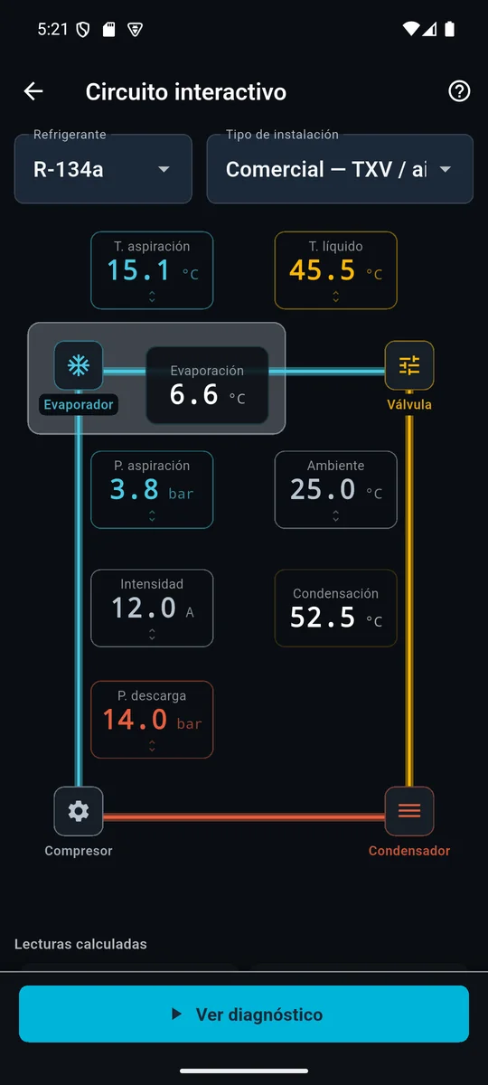 Pantalla real de KCE: circuito frigorífico interactivo con presiones, temperaturas e intensidad sobre el esquema de compresor, condensador, válvula y evaporador.