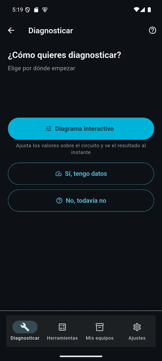 Pantalla real de KCE — Tres caminos: Diagrama interactivo, mediciones o guiado por síntoma. Eliges según lo que tengas a mano.